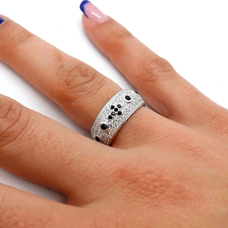 ANELLO ROSARIO A 5 LINEE CON ZIRCONI BIANCHI E NERI IN ARGENTO 925 RODIATO - Immagine 2 di 2