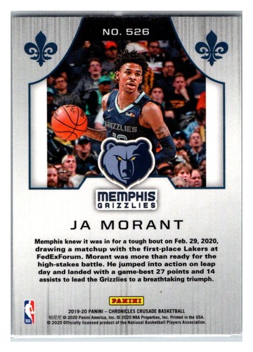 2019-20 Panini Chronicles - Crusade Ja Morant #526 (RC) TC7378 - Picture 2 of 2