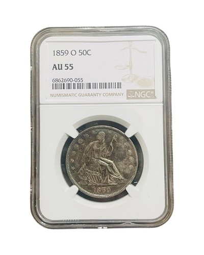 1859-O 50C NICE TONED COLOR Silver SEATED LIBERTY HALF Dollar NGC AU55