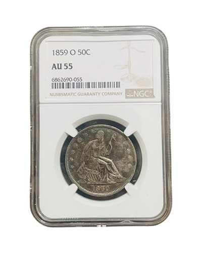 1859-O 50C NICE TONED COLOR Silver SEATED LIBERTY HALF Dollar NGC AU55 - Afbeelding 1 van 2