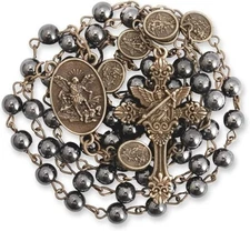 Bronze St Michael Rosary Hematite Stone Beads Necklace Metal Beaded