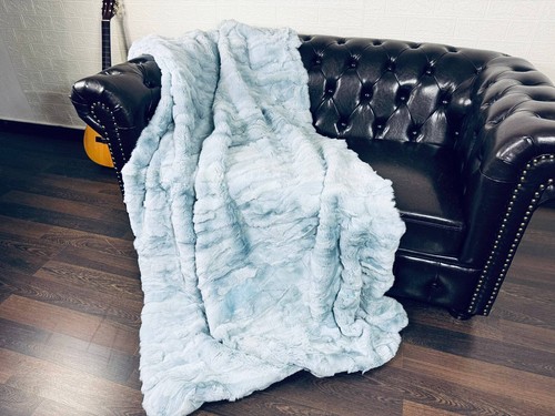 Luxurious Rex Rabbit Fur Blanket Throw Light Blue • Handmade Fur Sofa Cover - Picture 3 of 9