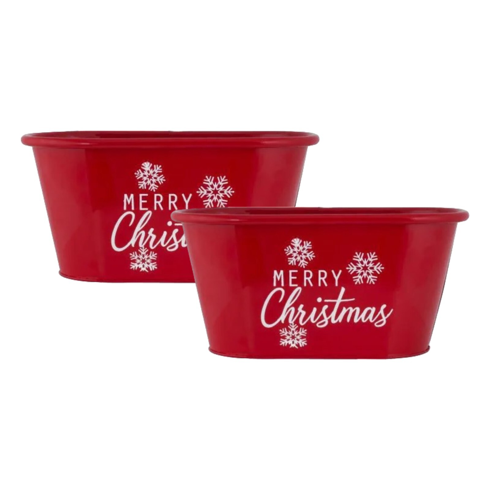 2Pc Metal Merry Christmas Red Plant Pot Pail Planter 26cm Trough Xmas SnowFlakes