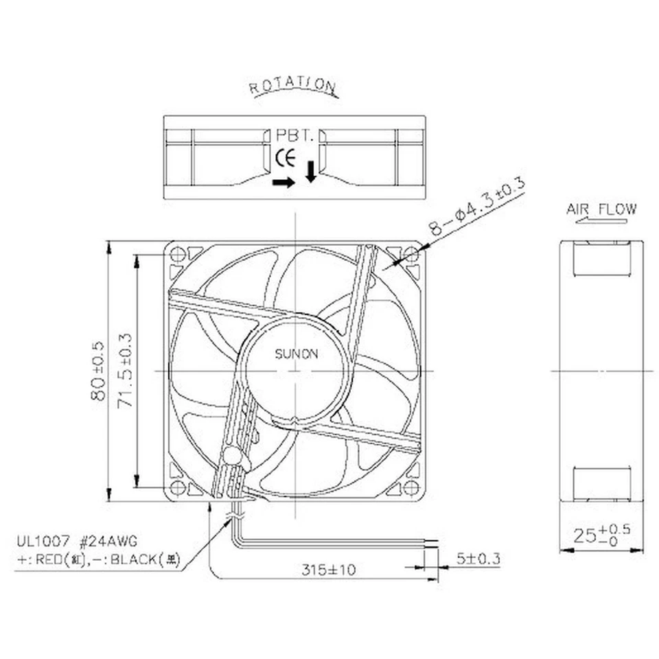 Lüfter 24V DC 1,32W 80x80x25mm 69,6m³/h 3200U/Min 69,6m³/h Sunon EF80252S11000UA - Bild 2 von 4
