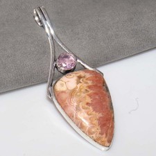 Large Rhodochrosite Kunzite 925 Silver Plated Pendant 2.9" Stylish Jewelry JW