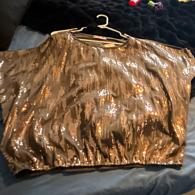 Women s Gold Sequin Pullover Blouse Top M/L Short Sleeve Round Neck NWT