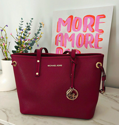 Michael Kors Leder Tote Bag - Bordeaux, Schulterriemen Logo-Anhänger Innenfächer
