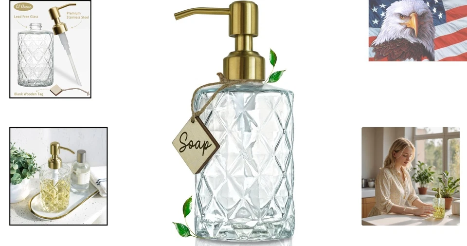 Dispensador de jabón de vidrio transparente con bomba dorada - Elegante y recargable para el hogar Foto 2 de 4