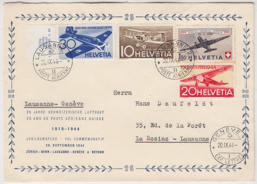 SWITZERLAND 1944 *25th ANNIVERSARY of NATIONAL AIR POST* cover LAUSANNE-GENEVE
