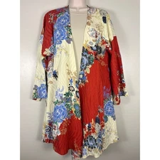 Citron Bohemian Floral Silk Kimono Cardigan Red Cream Open Front Lightweight