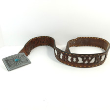 Men's Vintage Tooled Leather Belt Metal Buckle Western Name "Brown" 36-41 in