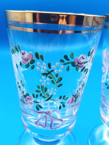 2 Antique Moser Enameled Pedestal Glasses Gold Rim Purple Floral Swags Design - Picture 22 of 24