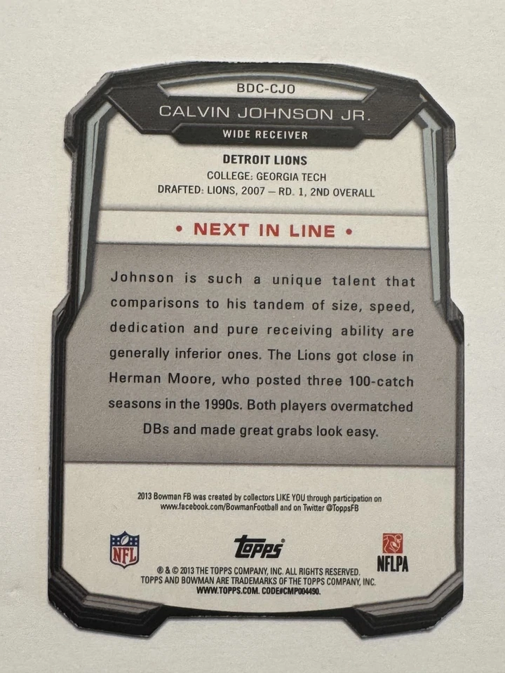 Calvin Johnson - 2013 Bowman Football #BDC-CJO - Die Cut - - Detroit Lions - Image 2 of 2