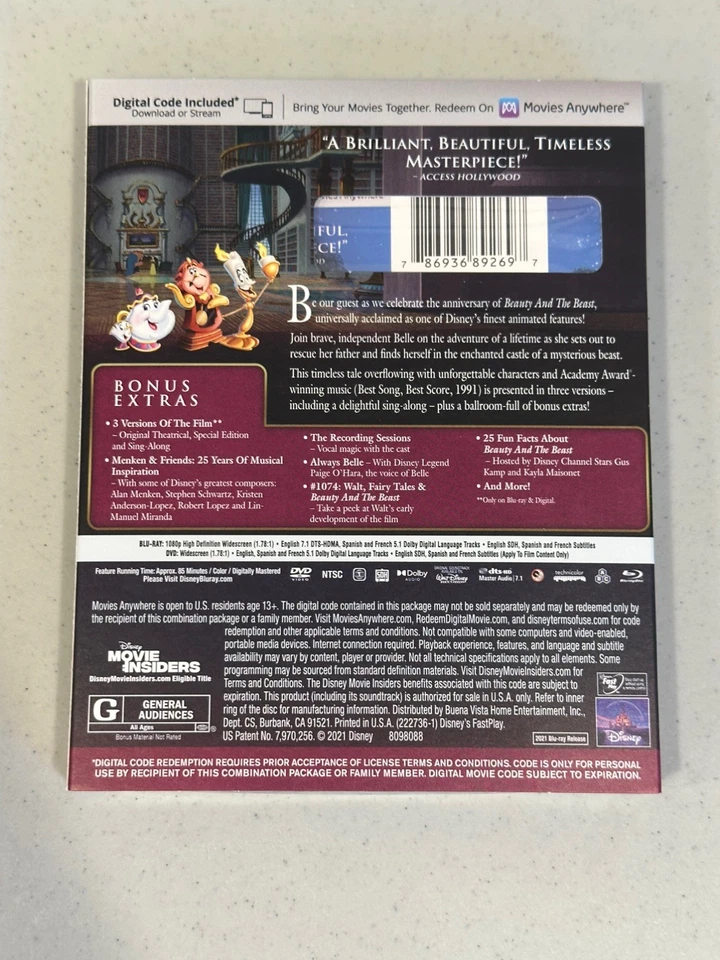 Beauty And The Beast Blu-ray+DVD+Digital+Slipcover Anniversary Edition 2021- NEW Foto 2 de 4
