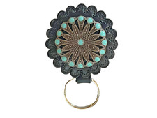 Western Womens Key Ring 3.5 x 2 in Cowboychic Leather Turquoise Round Fob Black