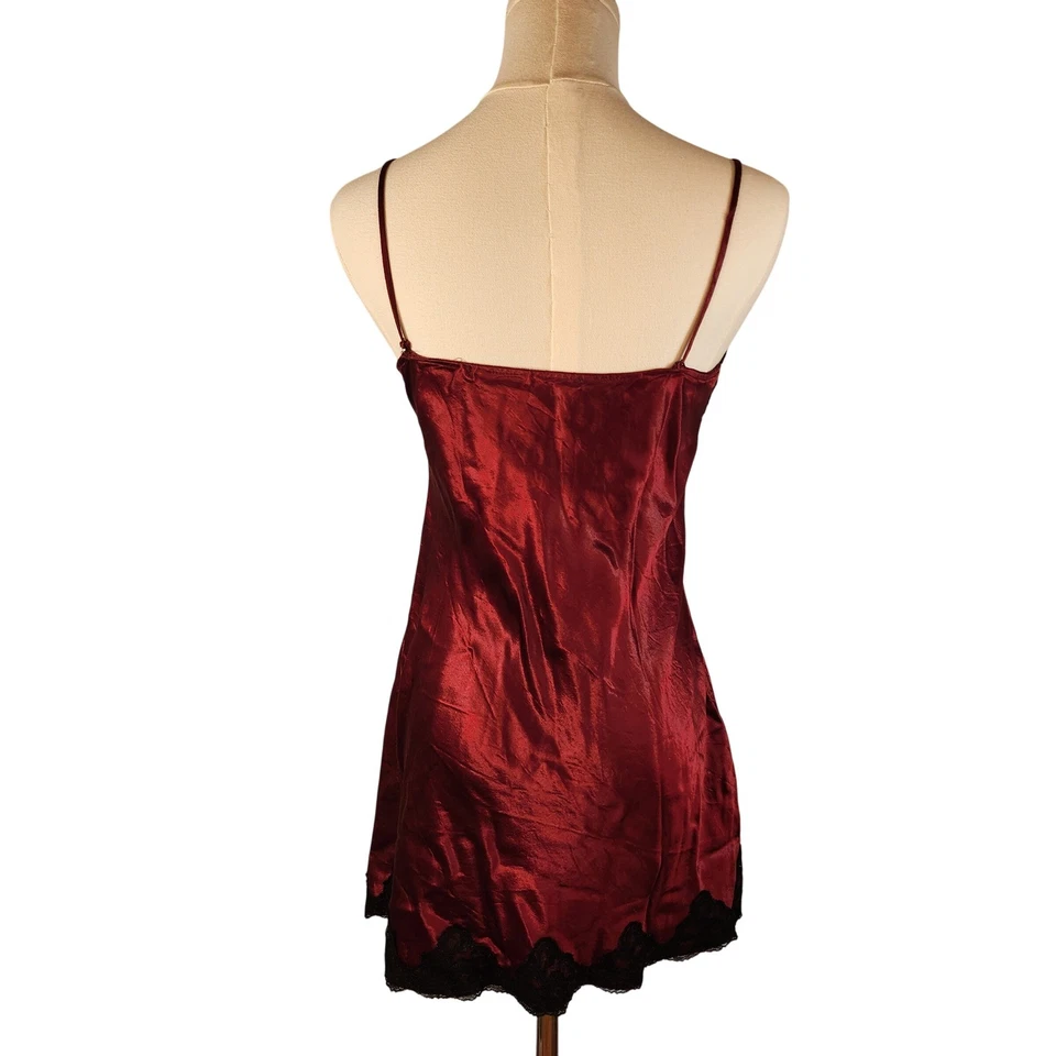 Burgundy Satin Lace Trim Cami Slip Mini Dress Lingerie babygirl milkmaid Y2K Red - Image 2 of 4