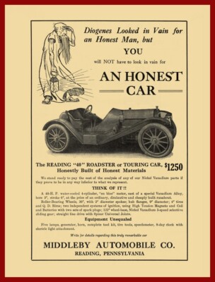 1911 Middleby Automobile Co. NEW Metal Sign: Reading Roadster - Pennsylvania