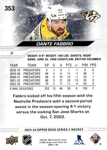 Dante Fabbro 2023-24 Upper Deck Series 2 Update NHL Predators Hockey - Card #353 - Picture 2 of 2