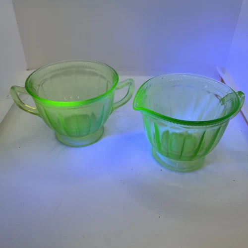 Vintage 1930's Federal Glass Sugar & Creamer Set Colonial Fluted Uranium Glass