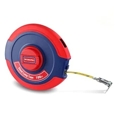 WORKPRO 100 FT Tape Measure Closed Reel Steel with Foldable Handle, Nylon Coated