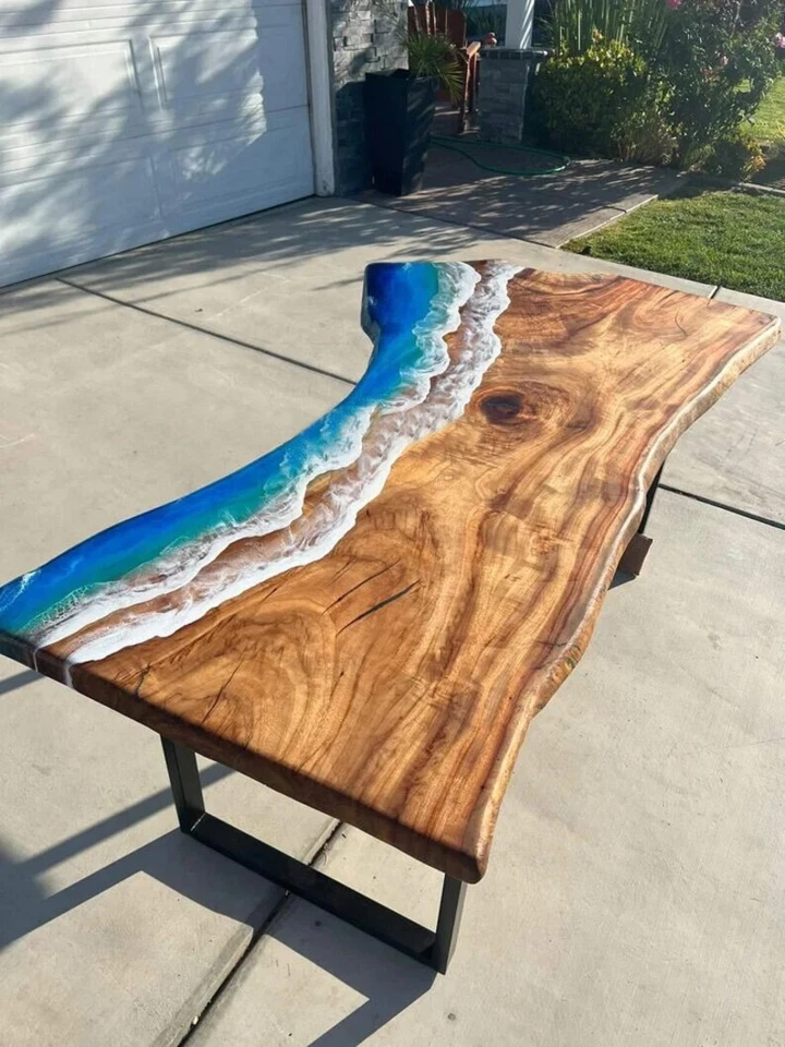 Natural Live Edge Epoxy Table Top with Iron Stand Resin River Kitchen Countertop - Image 3 of 4