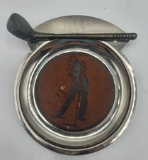 Vintage Metal Golf Themed Trinket Tray, Golfer Swinging, On Leather Insert
