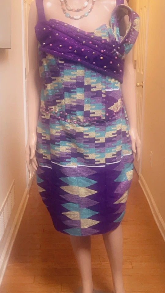 Kente Dress Printed In Purple Gold And Light Green Print With Beautiful Beads - Image 3 of 4