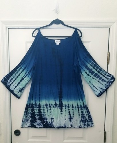 SWIMSUITS FOR ALL BLUE TIE DYE COLD SHOULDER 3/4 SLEEVE COVER UP DRESS-18/20