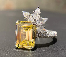 Canary Yellow Emerald Cut 8.CT Citrine  Sparkle White CZ 925 Silver Floral Ring