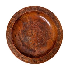 Hand Carved Wood Mandala Bowl Geometric Chip Carved Decor Round Tray 11.5in Boho