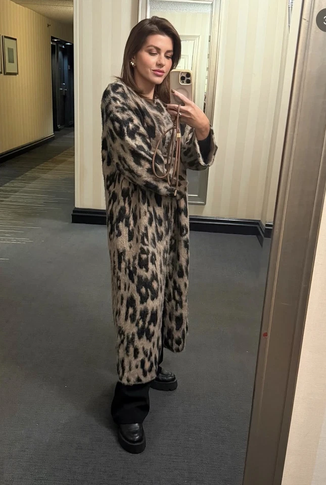 Zara Animal Jacquard Knit Long Coat Leopard Brown Black Size S 2142/183 New - Image 4 of 4