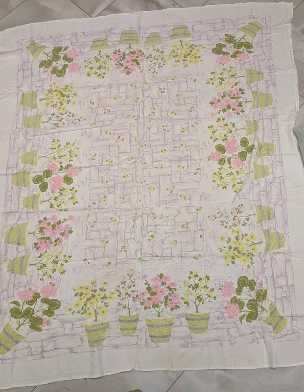Vintage Print White Tablecloth-53"x60"-Spring, Floral, Garden