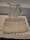 Vintage Whiting and Davis Cream White Enamel Mesh Scale Purse Gold Chain Handle