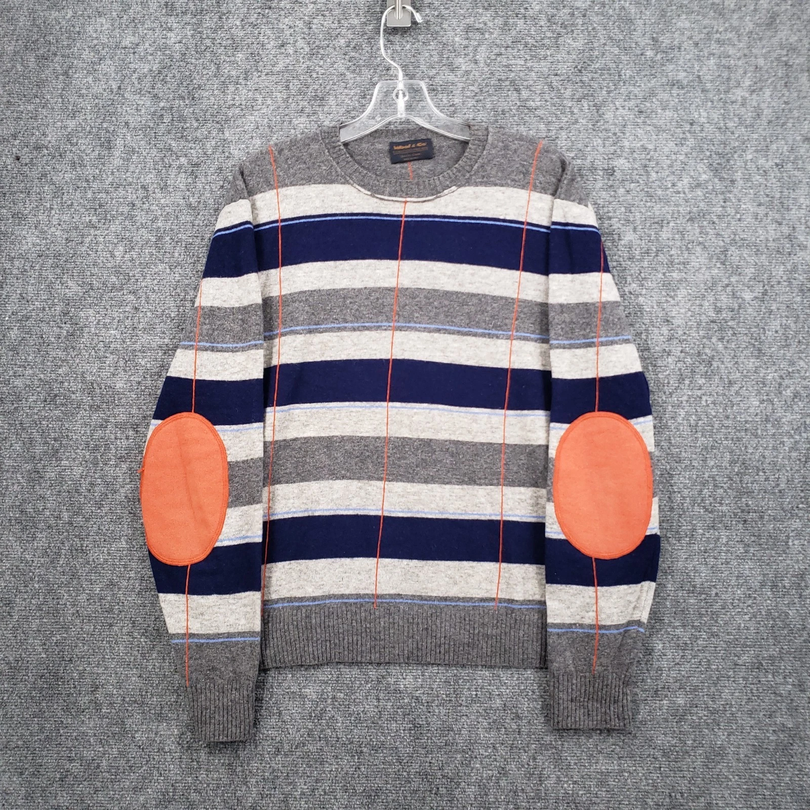 Wool & Co Striped Sweater Mens L Large Gray Elbow Patch Knit Pullover Jumper