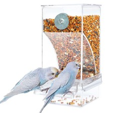 No Mess Automatic Bird Cage Feeder Container Acrylic Clear Seed Dispenser Bowl