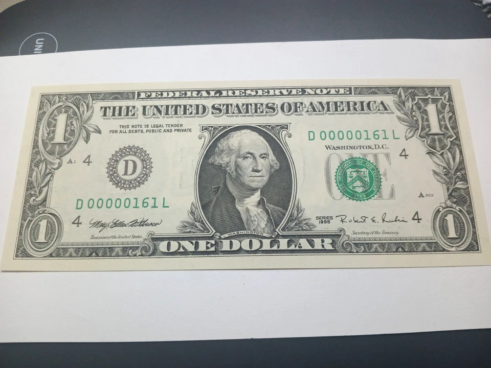 UNC. RARE 1995 ONE DOLLAR LOW 3 DIGIT SERIAL NUMBER. D00000161L FREE SHIPPING. - Image 2 of 4
