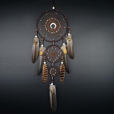 Bohemian Brown Dream Catcher with Moon Accent, Multi-Rings  Natural Feathers...