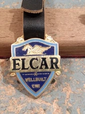 Elcar ‘A Well Built Car’ Watch Fob Vintage Enameled Emblem, Leather Strap