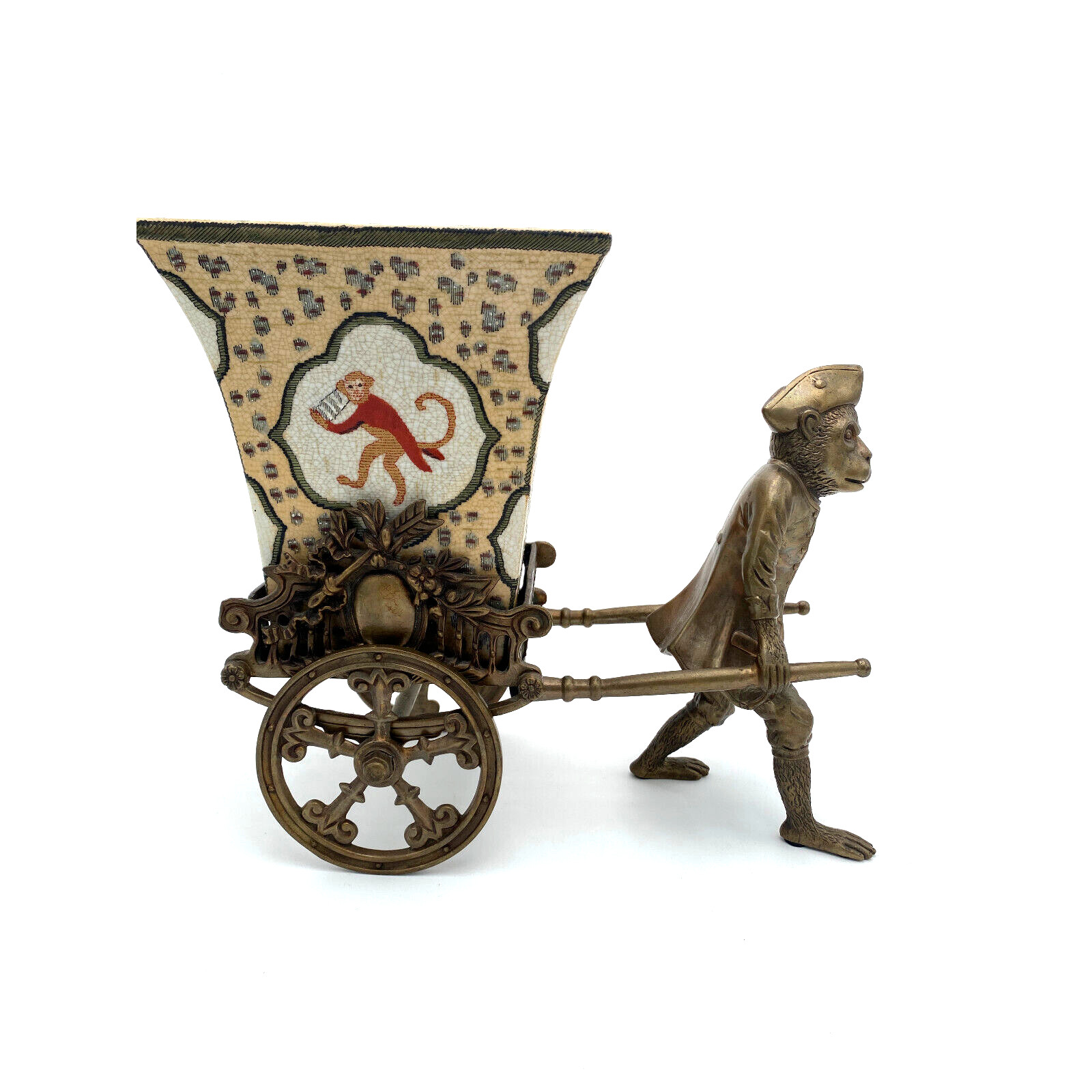Mid Century Brass Monkey Cart With Rare Castilian Porcelain Vase EUC