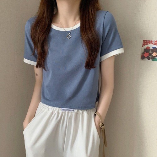 Short Sleeve Casual Tops for Women with Contrast Color Design and Comfort - Picture 9 of 32