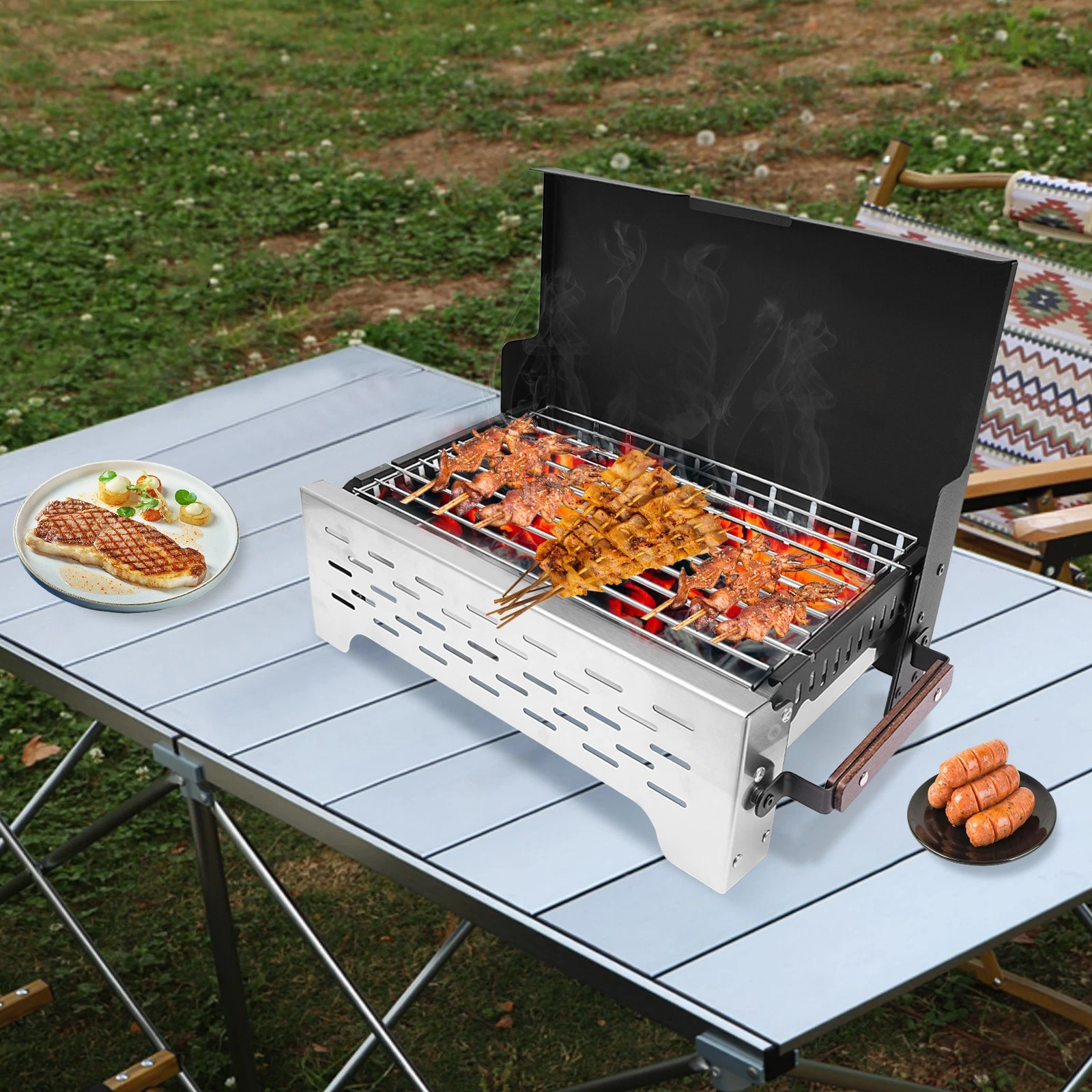 BBQ Grill Charcoal Barbecue Grill Stainless Steel Folding Camping Yard Portable