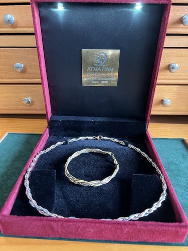 Braided Herringbone Chain Bracelet and Necklace 925 Sterling Silver Jewelry Set