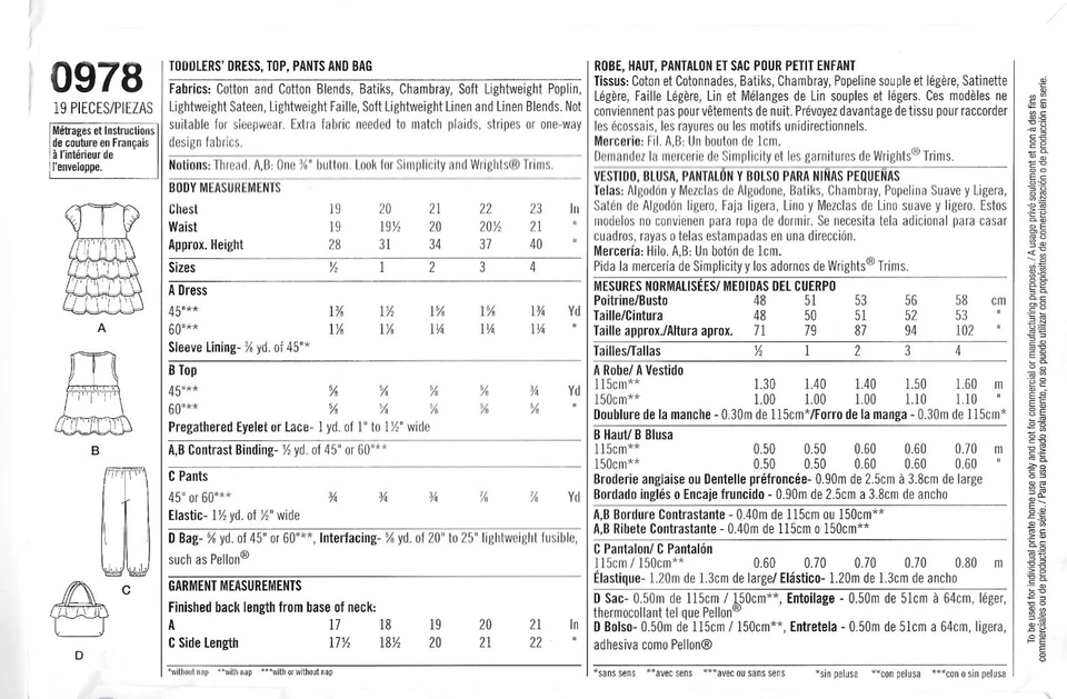 Uncut Simplicity Sewing Pattern 0978 Toddlers Dress Top Pants and Bag Size 1/2-4 - Image 2 of 2