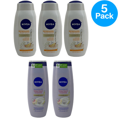 NIVEA Refreshing Body Wash White Peach and Jasmine 20 oz 5 Pack New