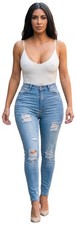 Ladies Blue Wash Stretch Denim High Rise Jeans Rip Fray Detail Jegging 29L