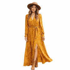 Forever 21 Boho Mustard Floral Faux Wrap Maxi Dress Long Sleeve Slit Large