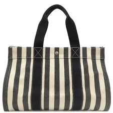Hermes Tote Bag Cannes MM Canvas Multicolor White Black Stripe with Pouch