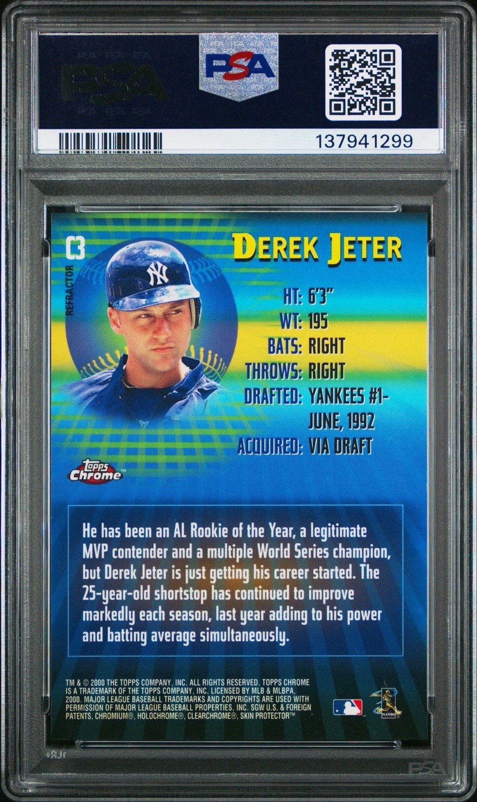 Topps Chrome 2000 Derek Jeter Yankees 21st Century Refractor #C3 PSA 10 view 3