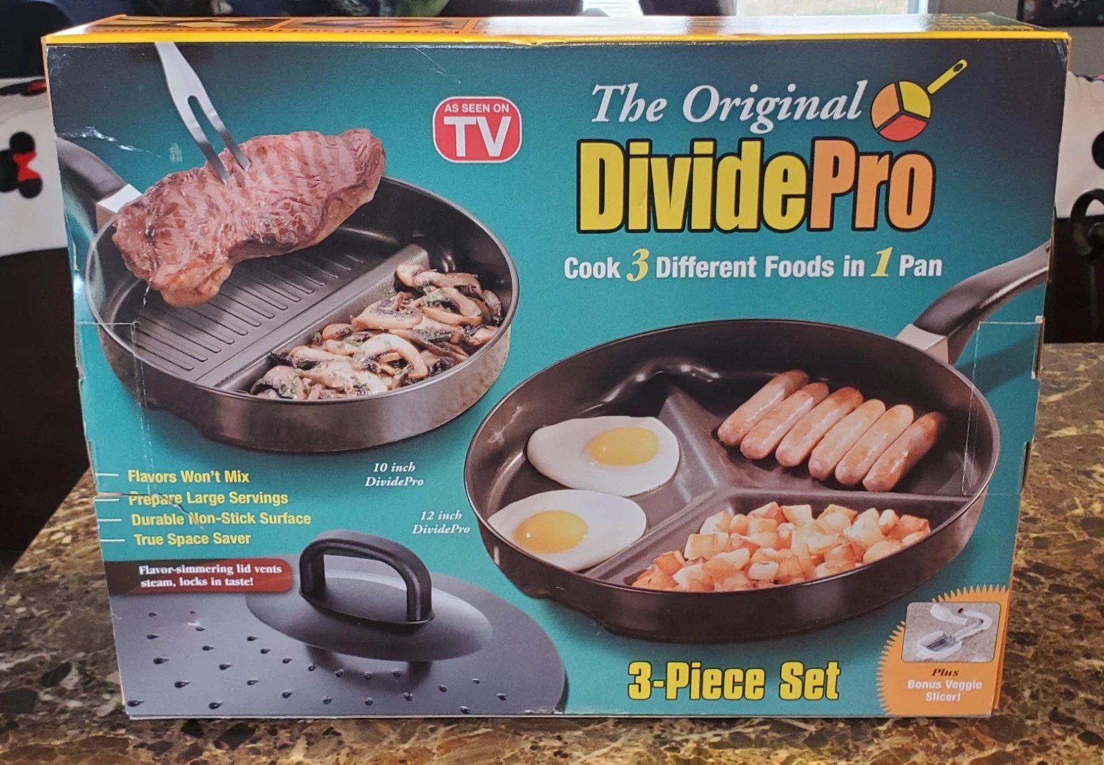 NEW The Original Divide Pro 10" 12" Non-stick Skillet Frying Pans Set Lid Slicer