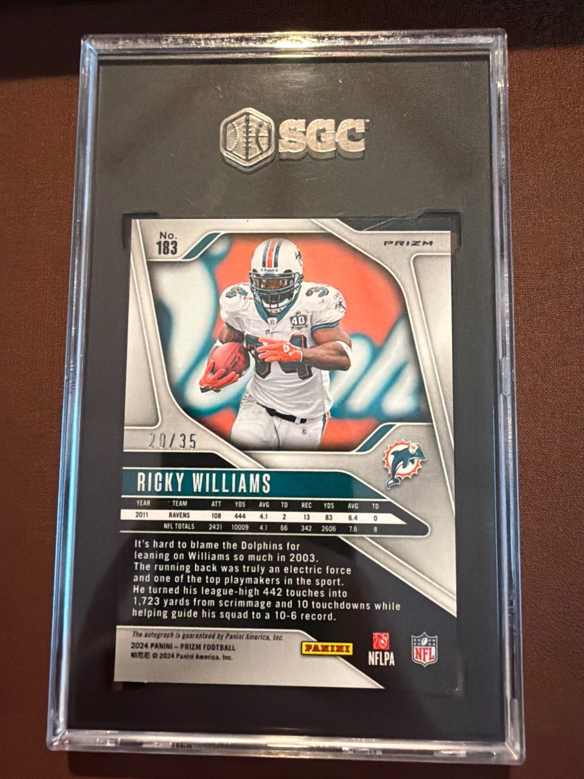 2024 Prizm Ricky Williams Auto 20/35 Red Shimmer SGC 8 Auto 10 Dolphins